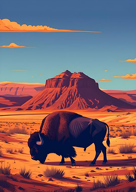 Bison in Desert Landscape Illustration