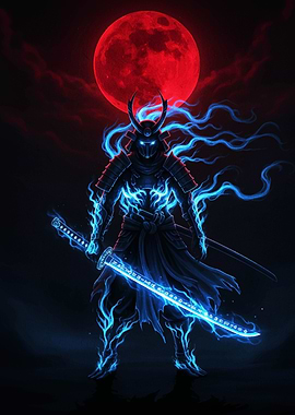Blue Fire Samurai with Red Moon