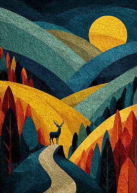 Abstract Deer Landscape with Sun