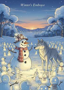 Winter's Embrace: Snowman and Wolf