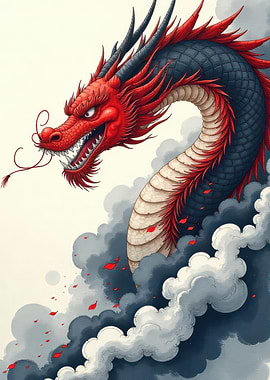 Red and Black Dragon in Clouds