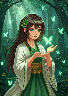 Anime Girl with Butterflies in Forest
