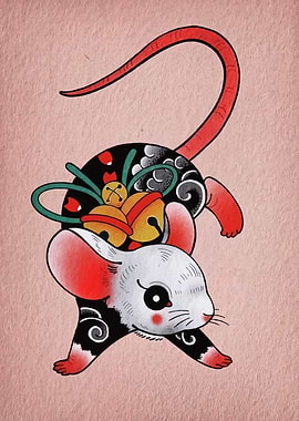 Rat with Bells Tattoo Style Illustration