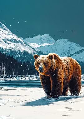 Grizzly Bear in Winter Landscape