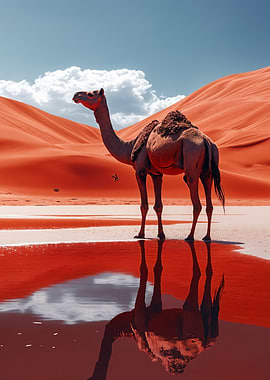 Camel in Desert Oasis Reflection