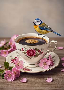 Bird on Coffee Cup with Flowers