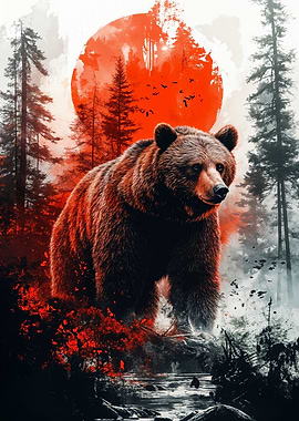Grizzly Bear in Forest with Red Sun
