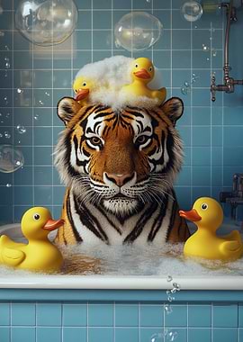 Tiger in bathtub with rubber ducks