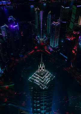 night cityscape with illuminated skyscrapers