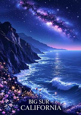 Big Sur California Starry Night Sky Travel Art