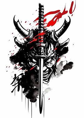 Oni Mask and Katana Illustration
