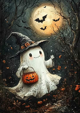 Cute Halloween Ghost with Pumpkin Basket