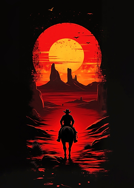 Cowboy Silhouette in Red Desert Landscape