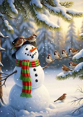Snowman Sparrows Winter Scene