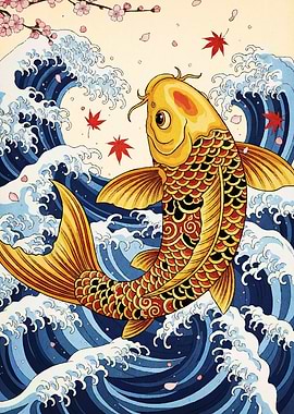 Golden Koi Fish Ocean Waves