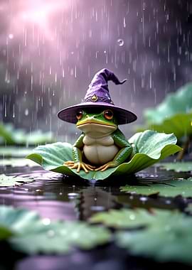 Frog Wizard on Lily Pad in Rain