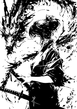 Samurai Girl with Dragon Black and White