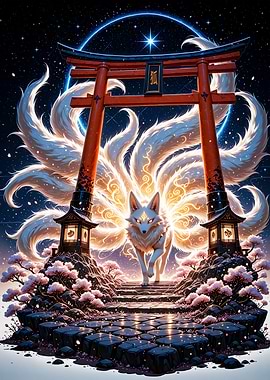 Kitsune Nine-tailed Fox at Torii Gate Sakura Cherry Blossom