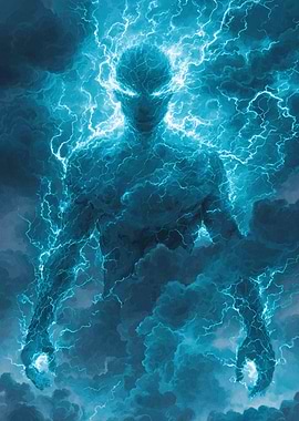 Electric Humanoid Figure in Stormy Clouds