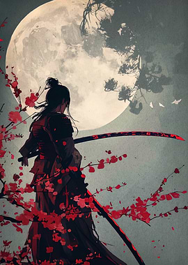 Samurai under the moon with katana