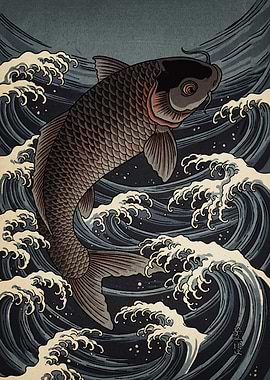 Koi Fish Waves Ukiyo-e Style