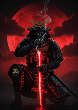 Samurai with Red Sword and Moon