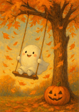 Cute Ghost on Swing with Pumpkin