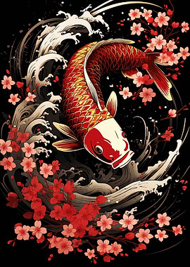 Koi Fish with Cherry Blossoms Art