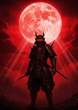 Samurai Warrior with Red Moon