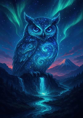 Celestial Owl Overlooking Waterfall Landscape