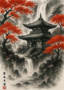 Japanese Temple with Waterfall and Red Trees