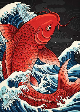 Red Koi Fish Waves