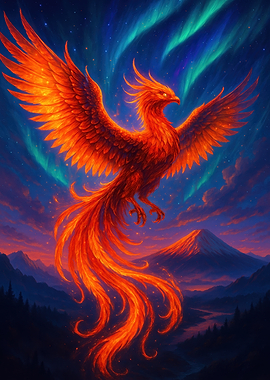 Fiery Phoenix Rising Against Aurora Sky