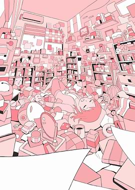 Cluttered Room with Girl Illustration