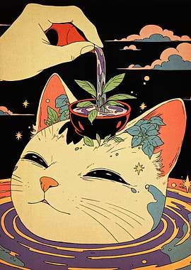 Surreal Cat with Plant and Water