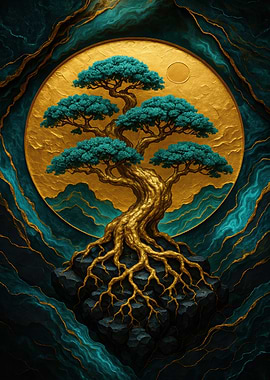 Golden Bonsai Tree on Teal Background