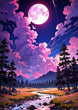 Pink Moonlit Landscape River