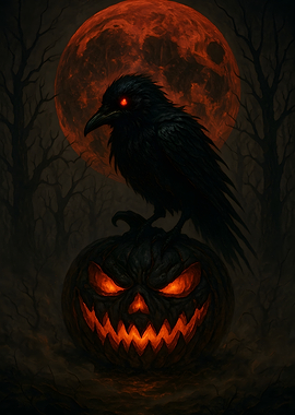 Halloween Raven on Pumpkin with Blood Moon