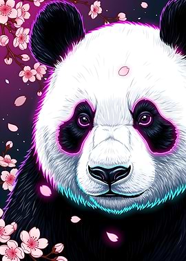 Japanese Aesthetics – Neon Panda Face with Cherry Blossoms