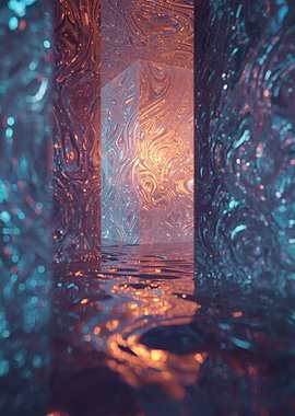 Abstract Watery Corridor with Glowing Cube