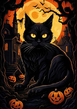 Halloween Black Cat and Pumpkins