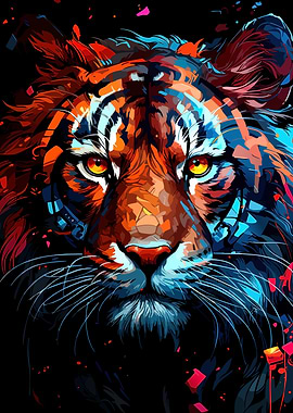 Colorful Tiger Portrait on Black Background