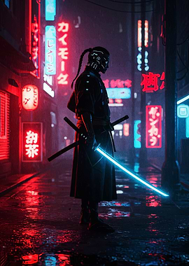 Cyberpunk Samurai in Neon Cityscape