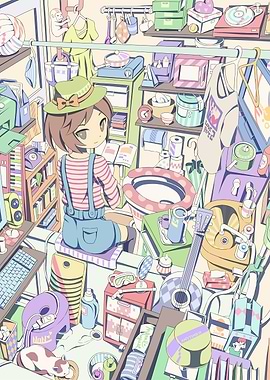 Anime Girl Reading in Cluttered Room