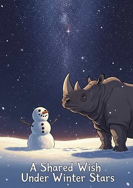 Rhino and Snowman Under Winter Stars