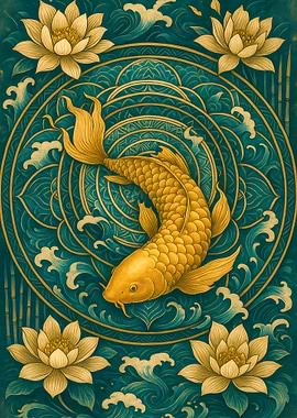 Golden Koi Fish with Lotus Flowers