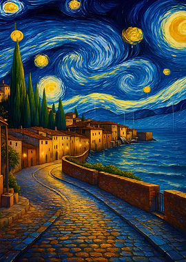 Coastal Village Night Painting