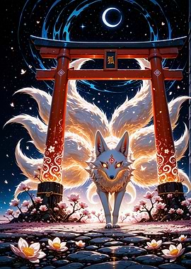 Kitsune Nine-tailed fox Torii gate Cherry Blossom Sakura Japan