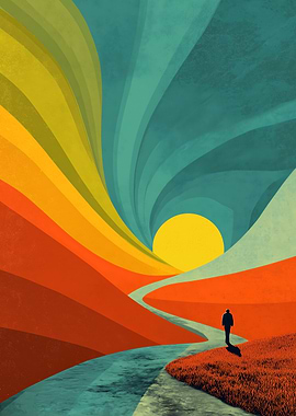 Abstract Retro Landscape with a Figure and Sun
