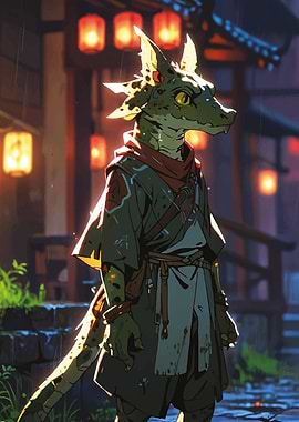Lizardfolk Samurai in Rainy Town